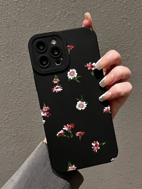 Black  Collar  TPU Floral Phone Cases Embellished   Phone/Pad Accessories Black Phone Case Decoration, Black Iphone Case Ideas, Black Phone Case Painting, Black Mobile Cover, Phone Cases Black Iphone, Black Phone Cover, Phone Case Diy Paint, Creative Iphone Case, Gadget Case