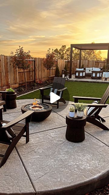 Teri Fode on Instagram: "BUT…  This vision in my head just wouldn’t quit so we brought it to life.  It’s a small backyard in the middle of the suburbs, but we made it feel like we’re on vacation every time we step into it.  A circle slab to the left for a fire pit and a square slab to the right with a pergola for cozy conversations. Plus a small patio for alfresco dining.  Comment  DREAMY for links to the dimensions on our backyard and concrete areas plus links to the fire pit and furniture.  #firepitdesign #firepitfriday #firepitseason #backyardideas #backyardlife  backyard fire pit  Backyard oasis  Backyard living  Fire pit design  Alfresco dining  Pergola design  Conversation area  Backyard furniture  Conversation patio set  Patio furniture"