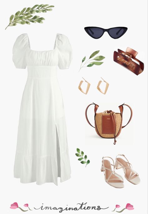 White Dress With Bag, Outfit Ideas With White Dress, Simple White Flowy Dress, How To Style A White Dress, Styling A White Dress, White Dress Outfit Casual, White Summer Dress Outfit, Flowy Dress Aesthetic, White Sundress Outfit