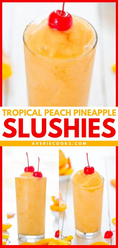 Tropical Peach Pineapple Slushies, spring, summer drinks, easy cocktail recipes Alcoholic Slushies Recipes, Alcoholic Slush, Alcoholic Slushies, Vodka Slushies, Slushy Drinks, Pineapple Vodka, Fun Drinks Alcohol, Slushie Recipe, Averie Cooks