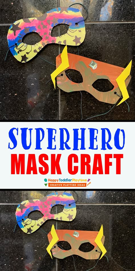 Fun Superhero Masks Craft for Kids - HAPPY TODDLER PLAYTIME Super Hero Mask Crafts For Kids, Superhero Day Activities Preschool, Superhero Preschool Activities Crafts, Superhero Mask Craft, Superhero Arts And Crafts For Kids, Superhero Art Preschool, Super Hero Art Projects For Kids, Superhero Week Activities, Superhero Themed Crafts