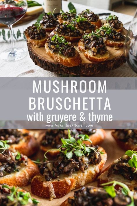 Make this fun appetizer next time you need a savory, comforting bite! Mushroom Bruschetta topped with a mix of sautéed mushrooms, gruyere, garlic, and thyme. Bruchetta Appetizers, Mushroom Bruschetta, Crostini Toppings, Bruschetta Appetizer, Crostini Appetizers, Fall Appetizers, Boat Food, Thanksgiving Appetizers, Holiday Appetizers