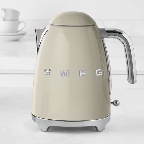 Smeg Tea Kettle | Williams Sonoma White Smeg Kettle, Smeg White, Smeg Kettle, Restaurant Logos, Smeg Appliances, Pour Over Kettle, 1950s Decor, Green Teas, Electric Tea Kettle