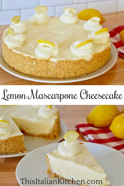 No-Bake Lemon Mascarpone Cheesecake. Creamy and delicious Italian treat that's so easy to make! #mascarponecheesecake #lemoncheesecake Mascarpone Cheesecake, Lemon Mascarpone, Cake Recipes For Kids, Mascarpone Cheese, Lemon Cheesecake, Cookie Crust, Italian Kitchen, Lemon Desserts, Easy Cooking Recipes