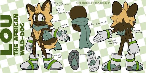 Lou the Wild-Dog |Character Sheet | Sonic OC by uncledraccy on DeviantArt Sonic Dog Oc, Dog Character, Sonic Oc, African Wild Dog, Wild Dog, Sonic Fan Characters, Oc Inspiration, Wild Dogs, Character Sheet