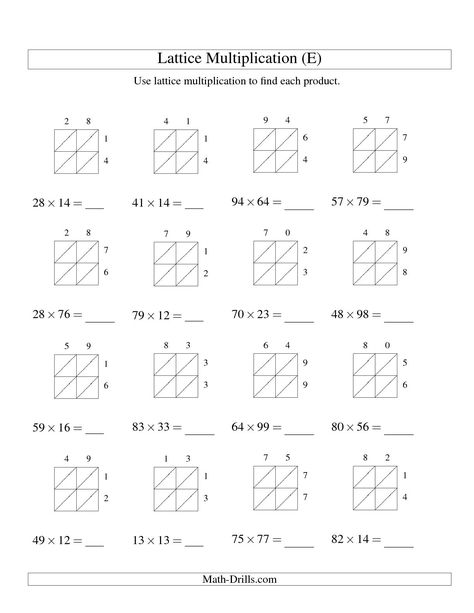 The 2-Digit by 2-Digit Lattice Multiplication (E) math worksheet from the Long Multiplication Worksheet page at Math-Drills.com. Multiplication Quiz, Lattice Method, Lattice Multiplication, Long Multiplication, Multiplication Worksheet, Multiplication Word Problems, Math Drills, Multiplication Worksheets, Math Multiplication