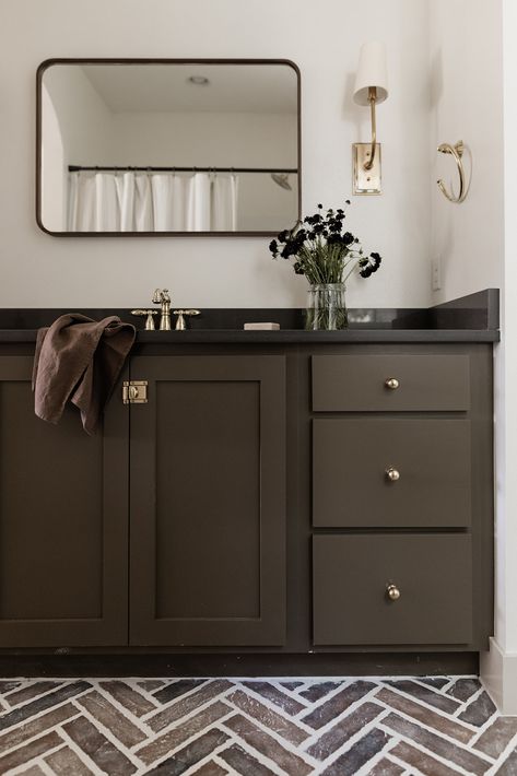 OAKSTONE HOMES Herringbone Brick Floor, Beadboard Trim, James May Homes, Oakstone Homes, Farrow And Ball Kitchen, Brown Bathroom Vanity, Painting Bathroom Cabinets, Painted Vanity, James May