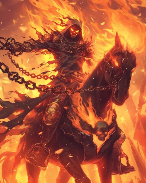 AK AI Art | 🔥 ☠️ 💀 What if Ghost Rider transformed into a Reaper? Imagine him wielding cursed powers, a scythe, and chained to a haunted horse! 🏇💀 How… | Instagram Ghost Rider Horse, Dnd Demon, Ghost Rider Art, Ghost Power, Demon Horse, Gost Rider, Ghost Horse, Magic Creatures, Imagine Him