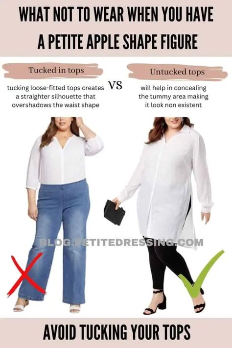 What not to wear when you have a Petite Apple Shape Figure Plus Size Petite Outfits, Petite Apple Shape, Apple Shape Outfits Plus Size, Apple Body Shape Clothes, Plus Size Body Shapes, Apple Body Shape Fashion, Apple Body Shape Outfits, Apple Shape Fashion, Apple Shape Outfits