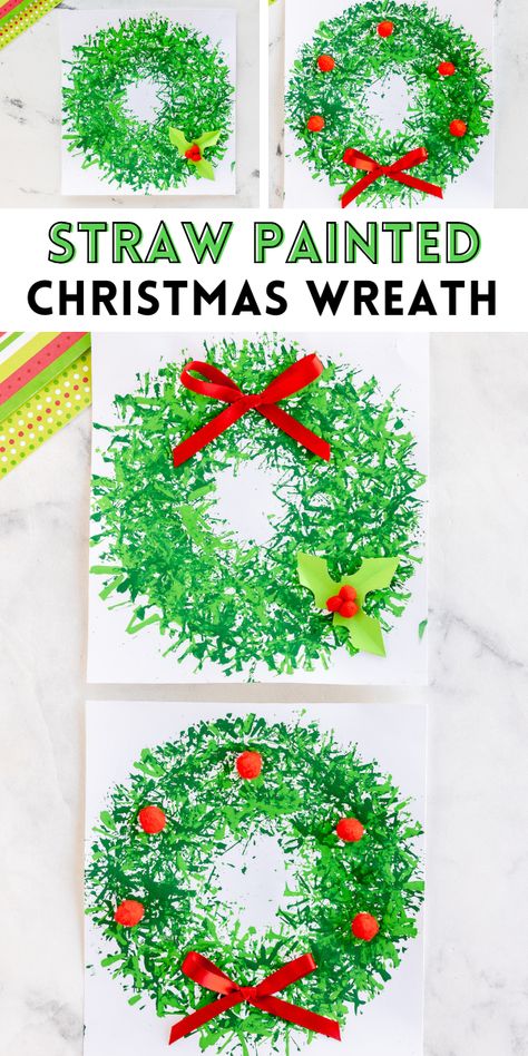 This Straw Painted Christmas Wreath craft is such a fun activity to make this holiday season. Paper, paint and a plastic straw is all you need to get started on this fun holiday wreath perfect for Christmas! Christmas Wreath Art For Kids, Christmas Wreath Crafts For Kids, Christmas Wreath For Kids, Painted Christmas Wreath, Prek Crafts, Christmas Wreath Craft, Christmas Art Projects, Arte Aesthetic, Preschool Christmas Crafts