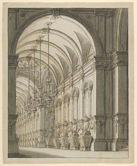 Vaulted Hall with Candelabra design by Artist: Ferdinando Galli Bibiena (Italian, Bologna 1657–1743 Bologna) Date: 1675–1743 Candelabra Vintage, Antique Architecture, Architecture Mapping, Minimal Line Art, Victorian Paintings, Vintage Architecture, Classic Architecture, Gallery Wall Decor, Classical Architecture