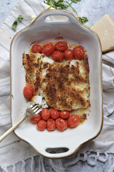 Parmesan Crusted Haddock with Roasted Tomatoes Seafood Dinners, Roasted Cherry, Roasted Cherry Tomatoes, Parmesan Crusted, Seafood Dinner, Sunday Dinner, Roasted Tomatoes, Parmesan Cheese, Seafood Dishes