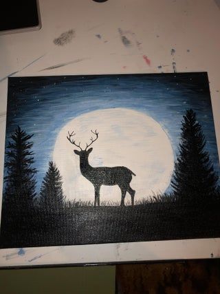 Deer in the Moonlight : 6 Steps (with Pictures) - Instructables Easy Moose Painting, Deer Painting Acrylic Easy, Deer Painting Easy, Deer Silhouette Painting, Oil Painting Background, Black Canvas Paintings, Deer Painting, Directed Drawing, Art Tutorials Watercolor