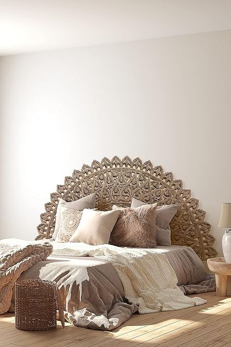 Amazon.com: Round Carved King Size Headboard, Circular Teak Wood Mandala Wall Art Hanging, Easy Mounting Low Profile Back Bed, Brown Wash Sealed Finish, 76x38 inches : Home & Kitchen Half Moon Headboard, Moon Headboard, Moroccan Headboard, King Size Bed Headboard, Boho Headboard, Carved Headboard, California King Headboard, Interior Boho, Hand Carved Teak