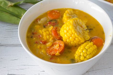 Corn Soup - Searchlight Trinidad Corn Soup Recipe, Trinidadian Recipes, Caribbean Foods, Guyanese Recipes, Corn Soup Recipes, Trinidad Recipes, Carribean Food, Trini Food, Split Peas