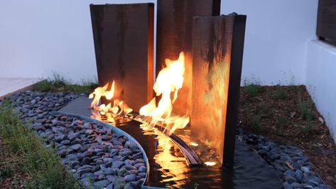 Final Rivas Outdoor Fire Wall Feature, Fire Pit And Water Feature Ideas, Fire And Water Feature Outdoor, Fire Water Feature Pool, Pool Waterfall With Fire Bowls, Rill Water Feature Small Garden, Pool Waterfall With Fire, Backyard Revamp, Water Wall Fountain