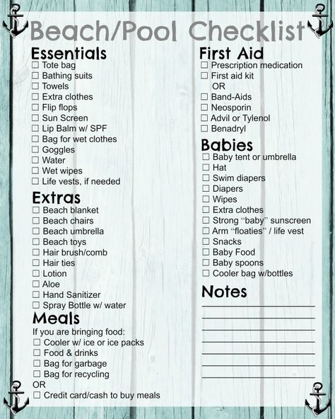 Free Printable: Beach/Pool Checklist Pool Day Checklist, What To Bring To A Pool Party Checklist, Pool Party Essentials, What To Bring To A Pool Party, Pool Party Checklist, Pool Checklist, Party Essentials List, Pool Bag Essentials, Party Supplies Checklist