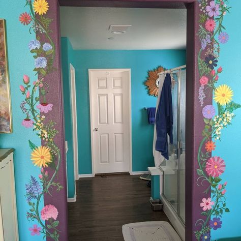 Painted doorway Painted Doorway, Hippie Bedroom, Bohemian Bathroom, Painted Door, Boho Bathroom, Bedroom Doors, Painted Doors, Home Reno, Painting & Drawing