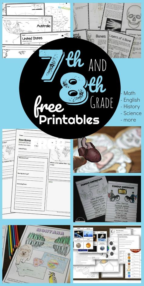 FREE 7th Grade and 8th Grade worksheets for jr high students to practice math, grammar, reading comprehension, geography, history, science, music, and more! #grade7 #grade8 #homeschool 8th Grade Worksheets, Free Science Printables, 8th Grade Math Worksheets, 8th Grade History, 7th Grade Social Studies, Science Printables, Language Arts Worksheets, Homeschool Middle School, Geography Worksheets