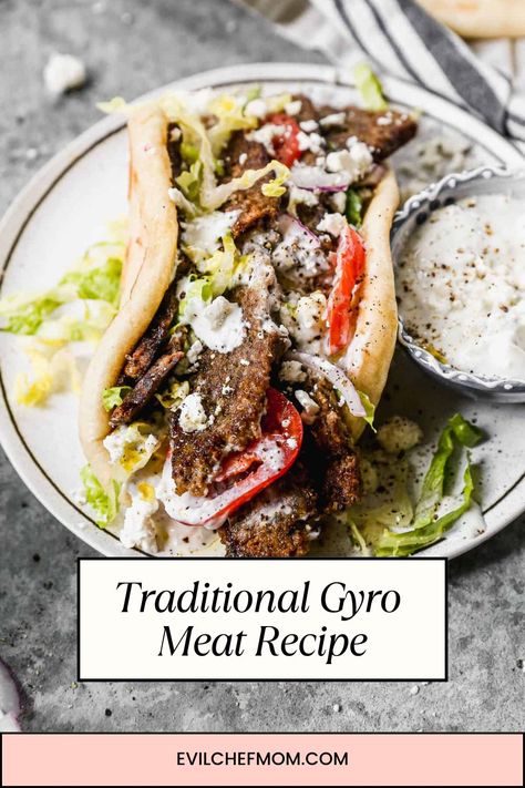 Traditional Gyro Meat Recipe - Evil Chef Mom Traditional Gyro Meat Recipe, Greek Lamb Gyro Recipe, How To Cook Gyro Meat, Roast Beef Gyros, Gyro Meatloaf Recipe, Gluten Free Gyro Meat, Diy Gyro Meat, Homemade Gyros Meat, Ground Beef Gyro Recipe