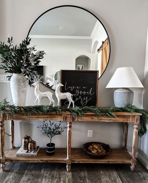 DECOR STEALS on Instagram: "To make the most of your Christmas decor (and holiday budget), opt for reindeer, gold bells, and winter greenery for a cozy look you can enjoy all winter long! Our Whitewashed Distressed Finish Reindeer and Eclectic Distressed Bells make the perfect addition to any festive display all winter long!⁠ ⁠ +TAP the link in bio for a similar look!!⁠ ⁠ 📸@austincreekfarmhouse⁠ #deerdecor #reindeerdecor #reindeerdecoration #christmasdecor #christmasdecorations #christmasdecori Christmas Dinner Centerpieces, Christmas Entryway Table, Christmas Entryway Table Decor, Entryway Table Decor Ideas, Christmas Entry, Christmas Entryway, Winter Greenery, Neutral Christmas Decor, Console Table Decorating