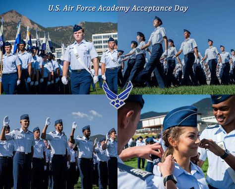 U.S. Air Force Academy cadets participate in the annual Acceptance Day Parade at Stillman Field in Colorado Springs, Colorado with the new cadets receiving their fourth-class shoulder boards signifying their acceptance into the Cadet Wing. Usafa Aesthetic, Usafa Cadet, Air Force Academy Wallpaper, Us Air Force Aesthetic, Air Force Academy Colorado Springs, Air Force Military, Air Force Basic Training, United States Air Force Academy, Patriotic Poems