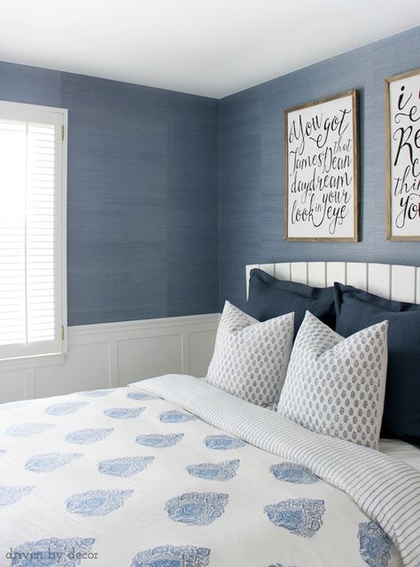 Navy Grasscloth Wallpaper Bedroom, Transitional Bedroom Wallpaper, Blue Grass Cloth Wallpaper Bedroom, Grasscloth Wallpaper Accent Wall Bedroom, Grass Cloth Accent Wall Bedroom, Blue Grasscloth Wallpaper Bedroom, Bedroom With Blue Wallpaper, Blue Wallpaper For Wall, Grass Cloth Wallpaper Accent Wall