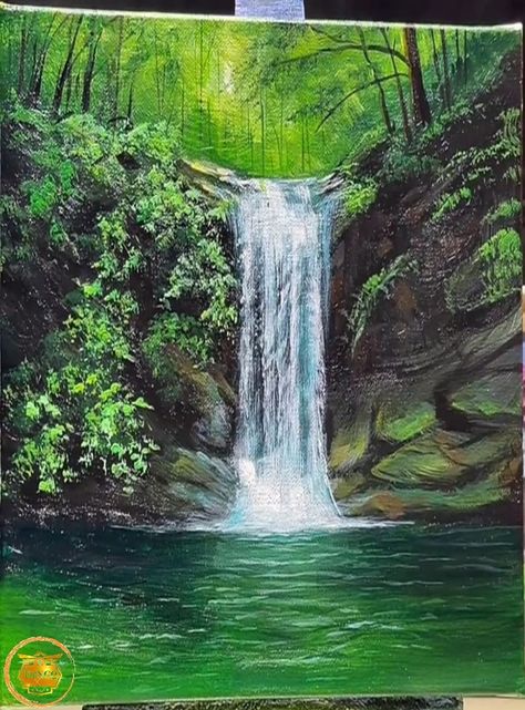 Painting Ideas Realistic Nature, River Rocks Painting, Painting Of A Waterfall, Beautiful Waterfalls Painting, Water Fall Painting Ideas, Mountain Waterfall Painting, Waterfall Painting Easy, Nature Painting Images, Painting Of Waterfall