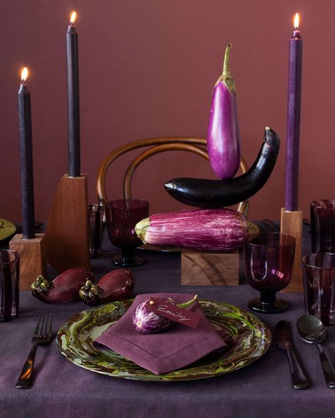 Are Eggplants the New Gourds? David Stark Design's Homage to the Purple Fruit - Gardenista Eggplant Decor, Moody Tablescape, David Stark, Purple Fruit, Purple Table, Purple Canvas, Table Arrangement, Prop Styling, Table Set Up