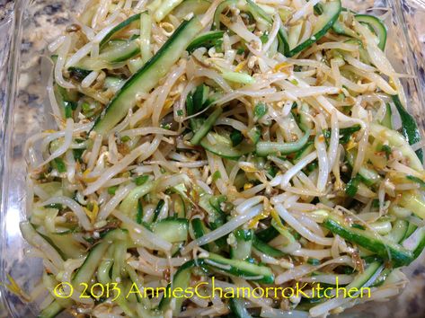 BEAN SPROUT & CUCUMBER KIMCHI (SALAD) - This is a very light and tasty side dish that can double as your salad.  I love it served alongside my Kimchi Soup as well as with Korean Ssambap (lettuce wraps filled with rice, seasoned beef or pork and ssamjang). Korean Ssambap, Namasu Recipe, Kimchi Salad, Chamorro Food, Kimchi Soup, Guam Recipes, Bean Sprout Recipes, Lacto Fermentation, Chamorro Recipes