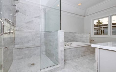 Carrara Bathroom, Bathroom Transitional, Herringbone Mosaic Tile, Penny Round Mosaic, Gray Polish, Hexagon Mosaic Tile, Transitional Bathroom, Herringbone Floor, Hexagonal Mosaic