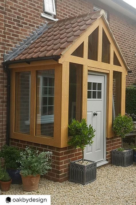 Front Entrance Extension, Front Porch Design Uk, Glass Porch Ideas Entrance, Oak Porch On Bungalow, Oak Glass Porch, Front Porch Extension, Oak Lean To Porch, Oak Frame Porch, Porch Ideas Entrance