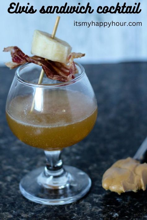 Inspired by Elvis's favorite sandwich, this drink combines peabut butter whiskey, banana liquor, and bacon jam for a crazy delicious cocktail! Elvis Cocktails, Banana Whiskey Recipes, Elvis Sandwich, Peanut Butter Whiskey, Banana Cocktails, Infused Liquors, Cocktail Recipes Whiskey, Whiskey Recipes, Baby Shower Drinks