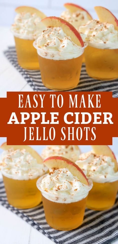 These apple cider jello shots are perfect for fall!If you love Thanksgiving desserts, then you will love these sparkling cider jello shots that are the perfect fall shot recipe. Autumn jello shots, autumn jelly shots, Thanksgiving cocktails, Thanksgiving jello shots Apple Cider Jello Shots Vodka, Apple Crisp Jello Shots, Holiday Jello Shots Thanksgiving, Pumpkin Pie Jello Shots, Jello Shots Fall, Jello Shots Vodka Halloween, Brown Jello Shots, Pumpkin Jello Shots, Breakfast Jello Shots