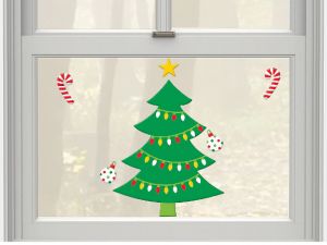 DIY Window Clings | How to Make Your Own Custom Stickers Christmas Tree Decal, Diy Window Clings, Holly Ornament, Tree Decal, Tree Decals, Large Christmas Tree, Puff Paint, Yellow Star, With Christmas Tree