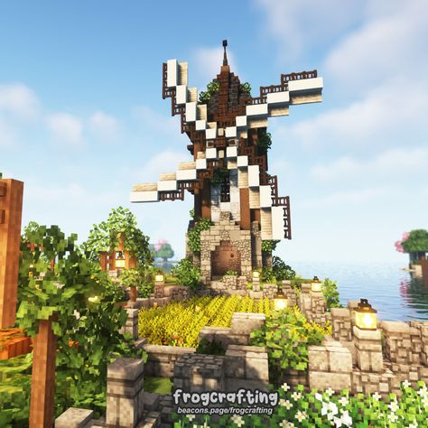 Frogcrafting Builds, Frogcrafting Minecraft, Minecraft Cottagecore Windmill, Cottagecore Aesthetic Minecraft Farm, Minecraft World Ideas Aesthetic, Windmills Minecraft, Minecraft Aesthetic World, Mc Windmill, Minecraft Windmill House