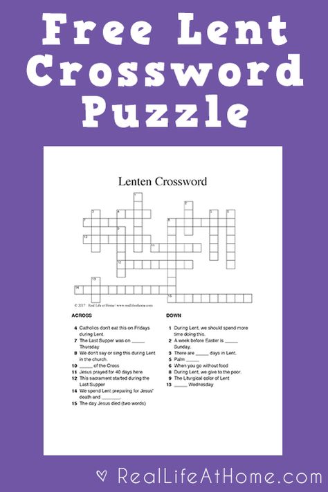 Looking for a fun activity during Lent for kids and teens? Click through for two versions of a free Lent crossword puzzle printable. | Real Life at Home Lent For Kids, Lent Kids, Ccd Activities, Lenten Activities, Religion Activities, Puzzle Printable, Catholic Lent, Free Homeschool Printables, Lenten Season