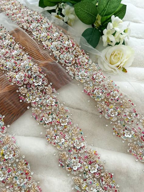 1 Yard Multicolour Cutdana Pearl Crystal Floral Trim Hand - Etsy Ribbon Hair Accessories, Diy Belts, Hand Beaded Embroidery, Bridal Applique, Beaded Lace Fabric, Paper Flower Decor, Fashion Sewing Tutorials, Hand Embroidery Tutorial, Embroidered Lace Fabric