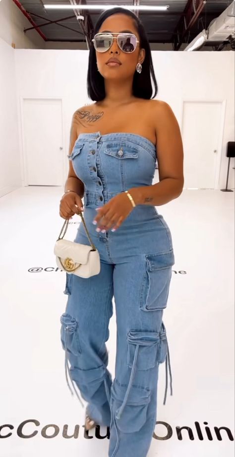 Denim Pants Suits For Women, Blue Jean Romper Outfit, Jean Jumper Outfit Denim, Jean Two Piece Outfit, Denim And Diamonds Party Outfit Classy, Jean Tube Top Outfit, Blue Jean Jumpsuit Outfits, Jean Jumpsuit Outfit Black Women, Denim Jumpsuit Outfit Black Women