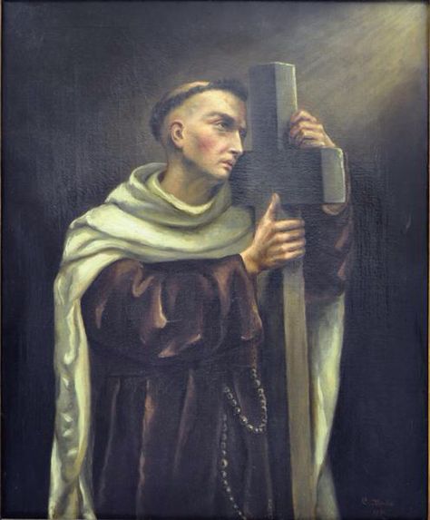 Saint John of the Cross. Oil, 92 x 76 cm. 1894.   "This was requested of me by the Carmel, as he was known. I focused on creating a strong contrast with the cross.” Céline’s note. St John Of The Cross, Carmelite Saints, John Of The Cross, Happy Feast Day, Contemplative Prayer, World Youth Day, St Therese Of Lisieux, Jesus And Mary Pictures, Pope John