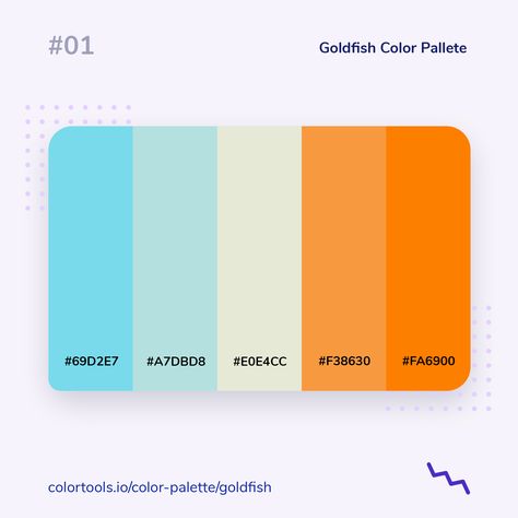 The goldfish color palette features both cool and warm colors. Orange color is often associated with energy, balance, and creativity. In our case, what's more, energetic than these two complementary tones of an orange color? The light green color and pear blue colors balance the color palette, creating a fresh feel.  #madewithcolortools, #color, #colour, #colorpalette, #ui, #inspiration, #colorpalette, #colourpalette, #design, #uidesign, #dailyui, #blue, #green, #orange Energetic Colour Palette, Fresh Colour Palette, Energy Color Palette, Energetic Color Palette, Blue Orange Color Palette, Complementary Color Palette, Light Color Palette, Orange Color Palette, Flat Color Palette