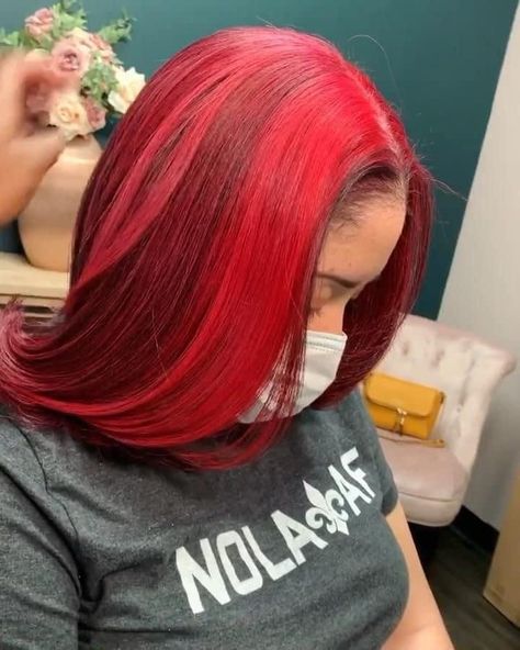 Red Burgundy Hair Color Black Women Natural Hair, Red Crotchet Hair, How To Dye Hair Red At Home, Red Hair Silk Press, Fall Hair Colors For Black Women Natural, Dyed Natural Hair For Black Women Red, Red Hair Natural Black Women, Two Tone Red Hair Color Ideas, Red And Burgundy Hair