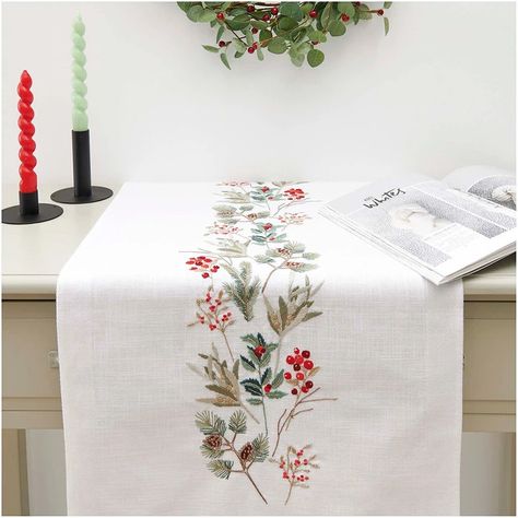 Table Runner Embroidery, Holly Table Runner, Runner Embroidery, Winter Embroidery, Christmas Table Linen, Cabin Christmas, Santa Decorations, Christmas Runner, Embroidery Patterns Free