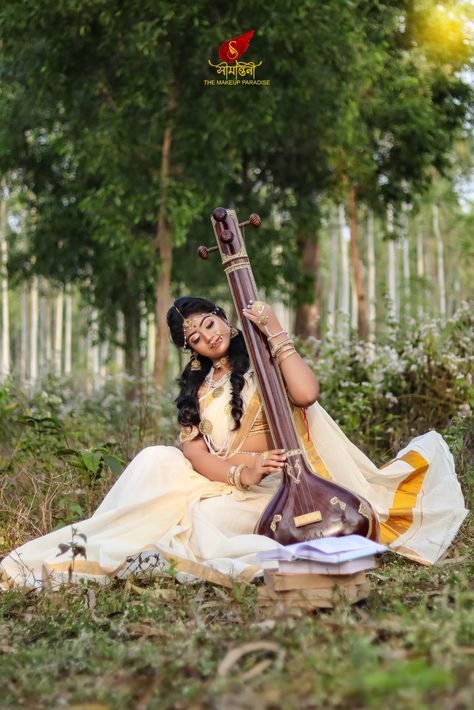 Hindu God Saraswati Makeover Shoot,Basant Panchami, Saraswati Puja Special Shoot, Outdoor Shoot, West Bengal, India God Saraswati, Indian Outfit Ideas, Conceptual Shoot, Saraswati Vandana, Indian Fashion Modern, South Indian Fashion, Devi Saraswati, Saraswati Photo, Bharatanatyam Poses