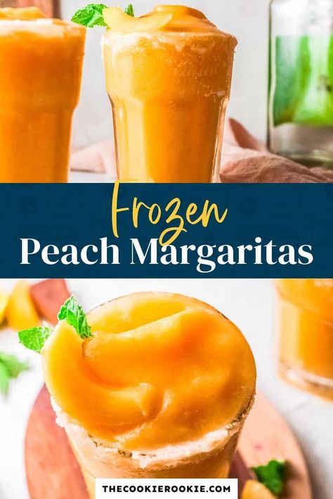 Frozen Peach Margaritas are the perfect refreshing cocktail for hot summer days. Relax on the patio after a long day with this fruity drink, or prepare a batch for your next party. Frozen Peach Cocktail, Frozen Peach Margarita, Peach Margarita Recipes, Peach Margaritas, Frozen Margarita Recipe, Peach Margarita, Frozen Margarita, Peach Cocktail, Frozen Cocktail Recipes