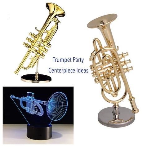 Trumpet Party Centerpiece Ideas Musical Instrument Centerpieces, Trumpet Centerpiece, Music Party Theme, Music Party Centerpieces, Party Centerpiece Ideas, Music Centerpieces, Trumpet Instrument, Trumpet Music, Photo Sculpture