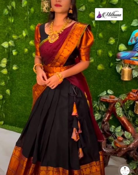 Narayanpet Outfits, Narayanpet Blouse Back Designs, Narayanpet Half Sarees Black Colour, Black Narayanpet Half Saree, Half Saree Stitching Ideas, Pattu Lehanga Blouse Designs Latest, Cotton Lehanga Ideas, Narayanpet Half Saree Blouse, Cotton Lehangas