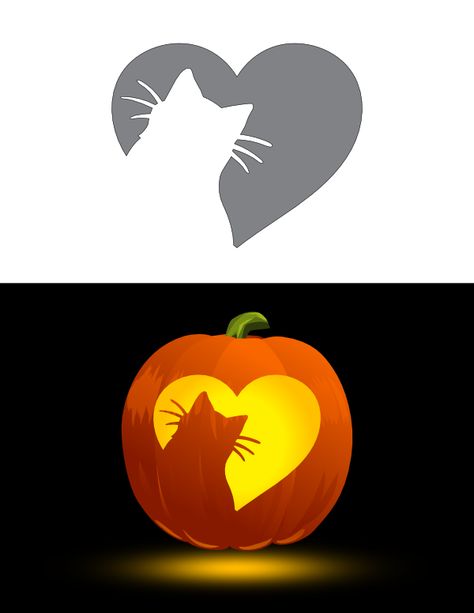 Printable Cat In Heart Pumpkin Stencil Pumpkin Carving Printables, Free Printable Pumpkin Carving Stencils, Cat Pumpkin Stencil, Kids Pumpkin Carving, Printable Pumpkin Carving Stencils, Halloween Carvings, Halloween Pumpkins Carvings Designs, Pumpkin Carving Stencils Templates, Heart Pumpkin