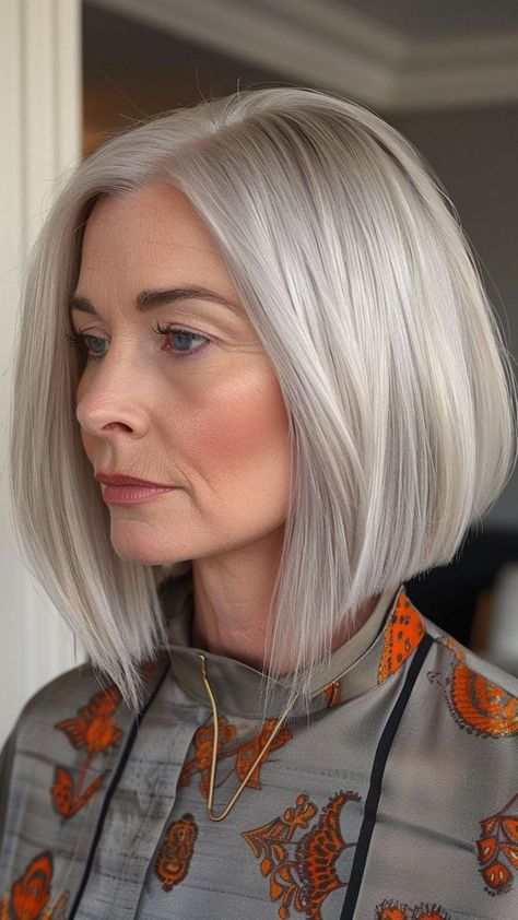 Grey White Blonde Hair, Old Lady Haircut, White Bob Haircut, Lob Haircut With Bangs Round Faces, Grey Hair Inspiration Aging Gracefully, Grey Hair Haircut, Medium Length Grey Hair, 50 Yr Old Women Hairstyles, Silver Hair Bob