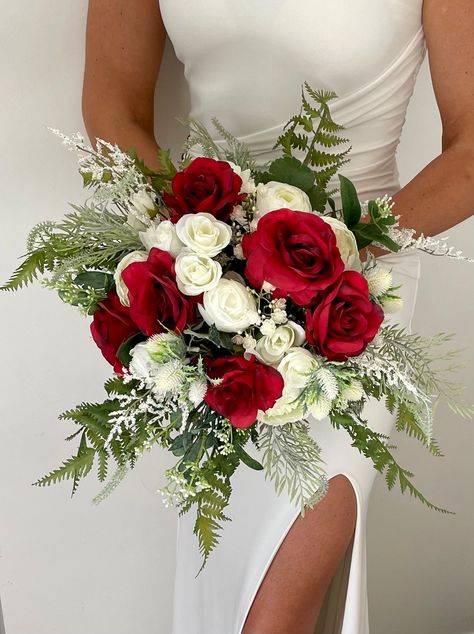 Red Bouquets For Bride, Bouquet Wedding Red And White, Flower Bouquet For Red Prom Dress, Bridal Bouquet With Red Roses, White Red Wedding Bouquet, Wedding Bouquets Bridesmaids Red, Red And White Bride Bouquet, Wedding Flowers Bouquet Red Roses, Red Bride Flower Bouquet